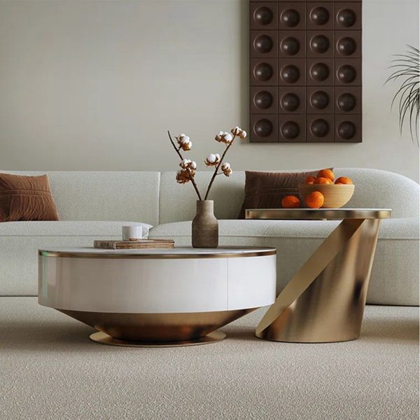 WoodFX White Stone Modern Bunching Coffee Tables With Steel Pedestal